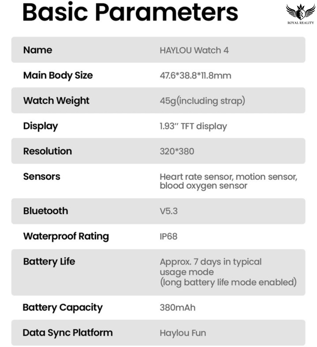 Technical specifications of HAYLOU Watch 4 on a white background