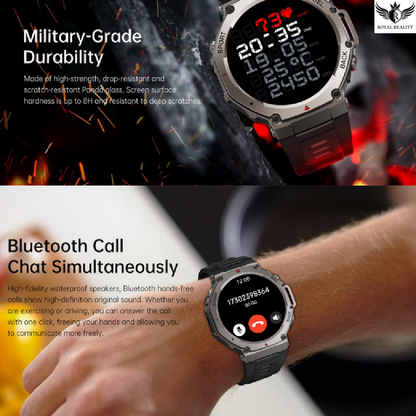 Smartwatch with digital display on a wrist, emphasizing durability and Bluetooth functionality.