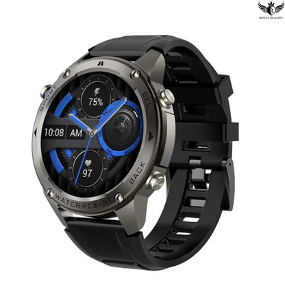 Smartwatch with black strap and blue display on a white background