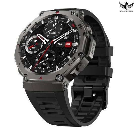 Black smartwatch with detailed display on a white background