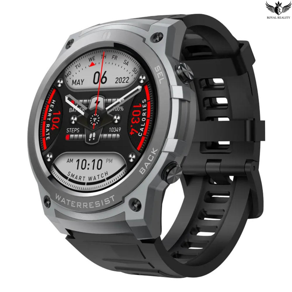 Smartwatch with a black strap and silver case on a white background