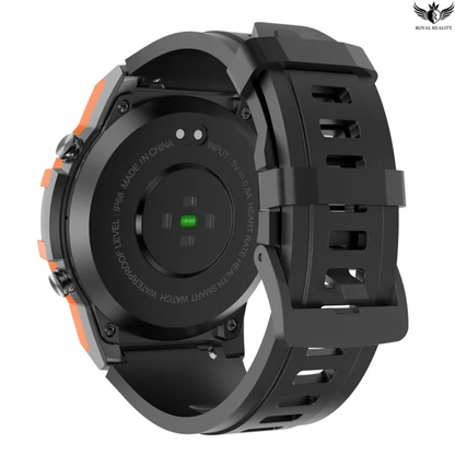 Black smartwatch with orange accents on a white background