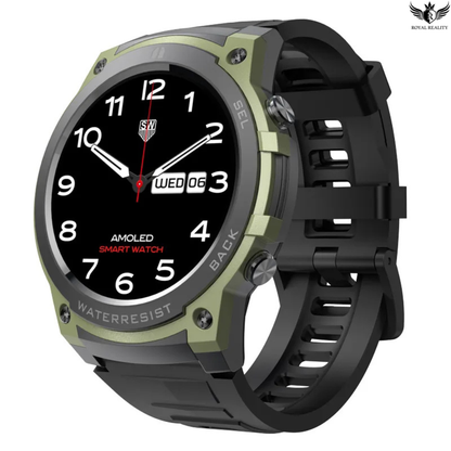 Smartwatch with black and green design on a white background