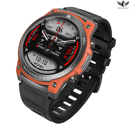Smartwatch with black and orange design on a white background
