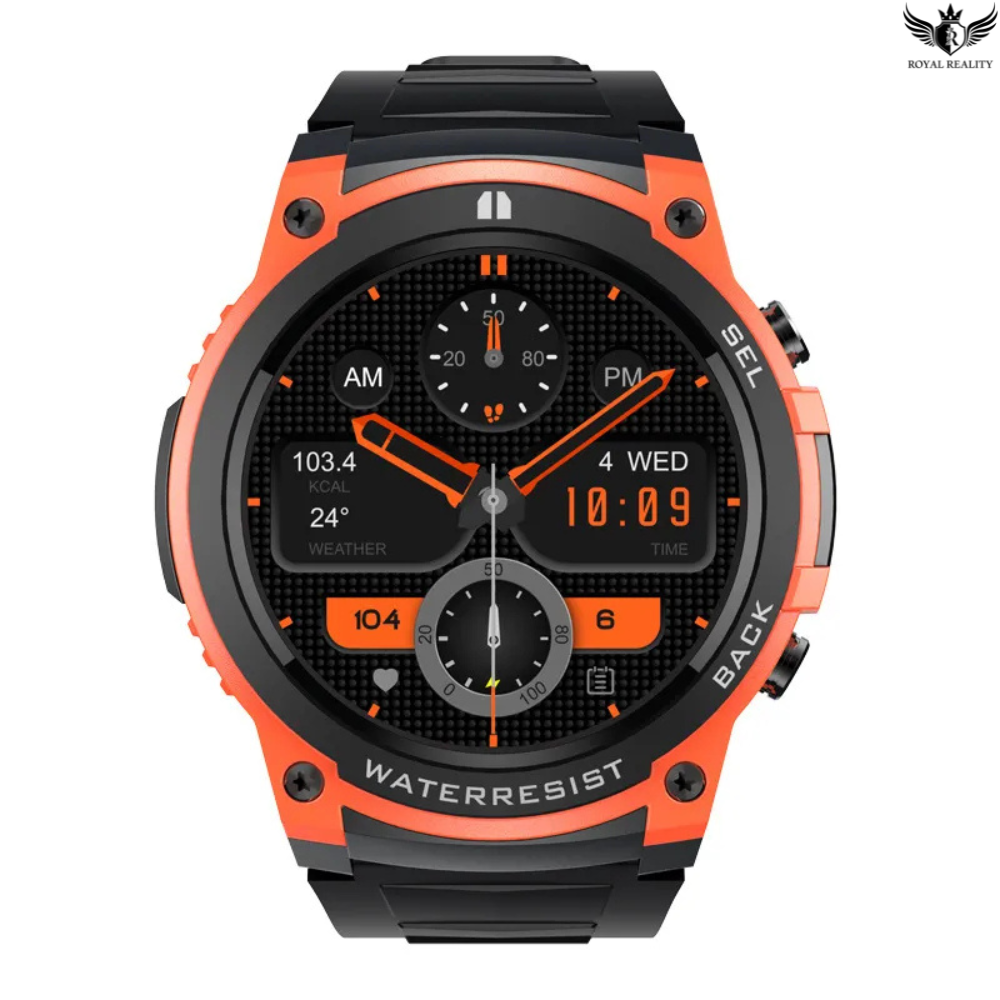 Orange and black smartwatch with detailed display on a white background