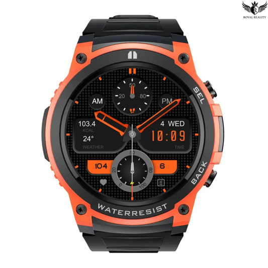 Orange and black smartwatch with detailed display on a white background