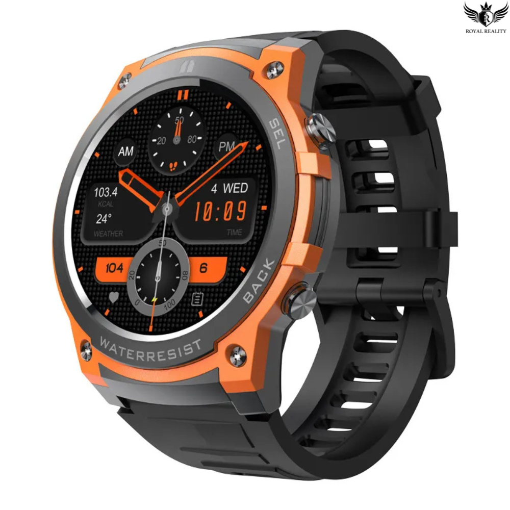 Smartwatch with orange and black design on a white background