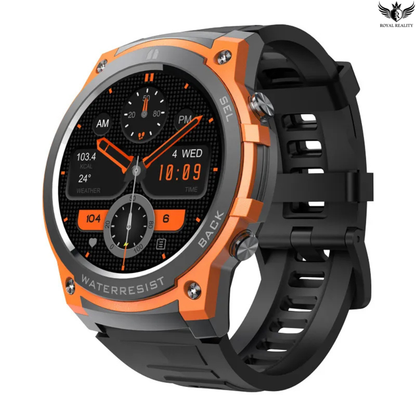 Smartwatch with orange and black design on a white background