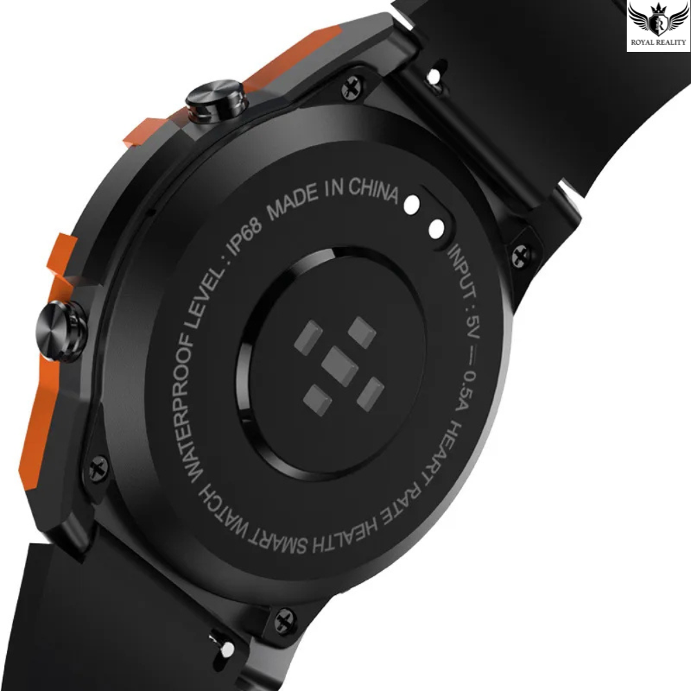 Close-up of a smartwatch with text on the back, brand logo visible.