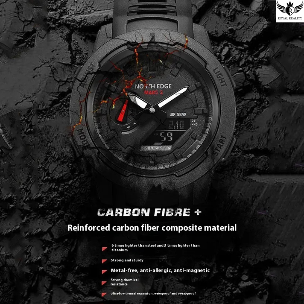 Carbon fiber watch with detailed specifications on a dark textured background