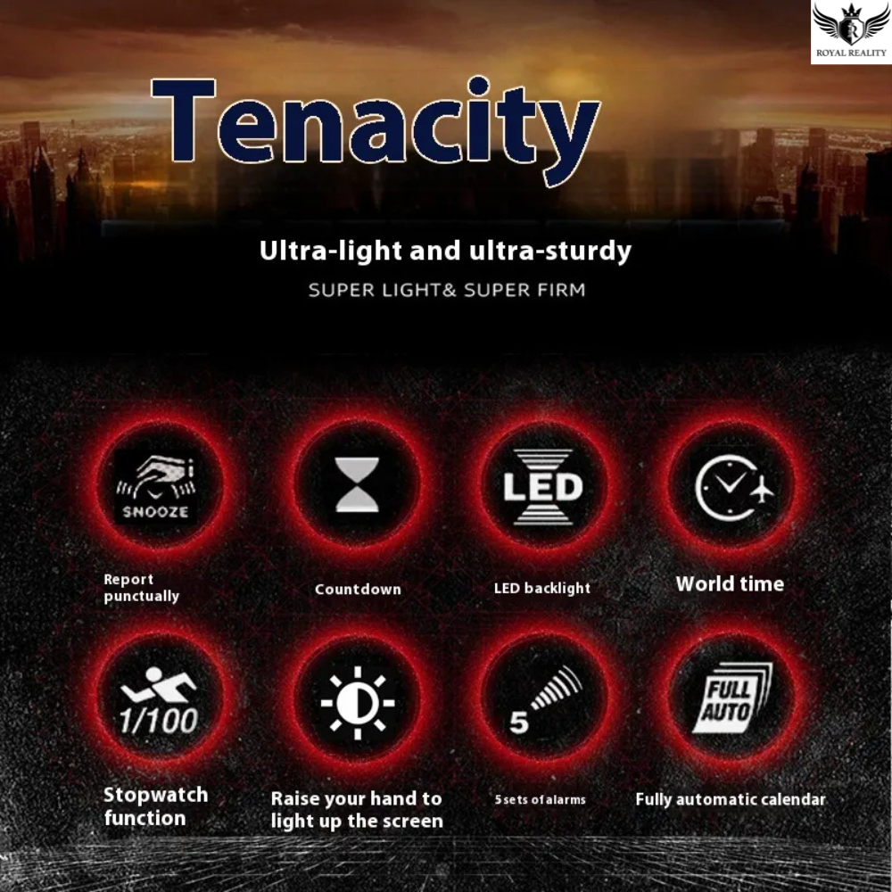 Product display with 'Tenacity' branding and features listed against a dark background.