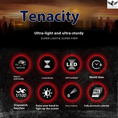 Product display with 'Tenacity' branding and features listed against a dark background.