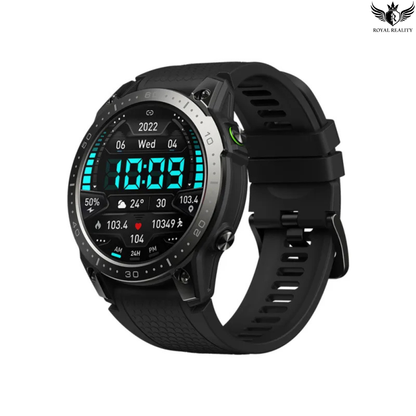 Black smartwatch with digital display on a white background