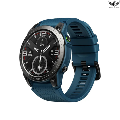 Blue smartwatch with a detailed display on a white background
