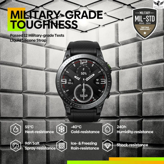 Smartwatch with military-grade toughness features on a textured gray background