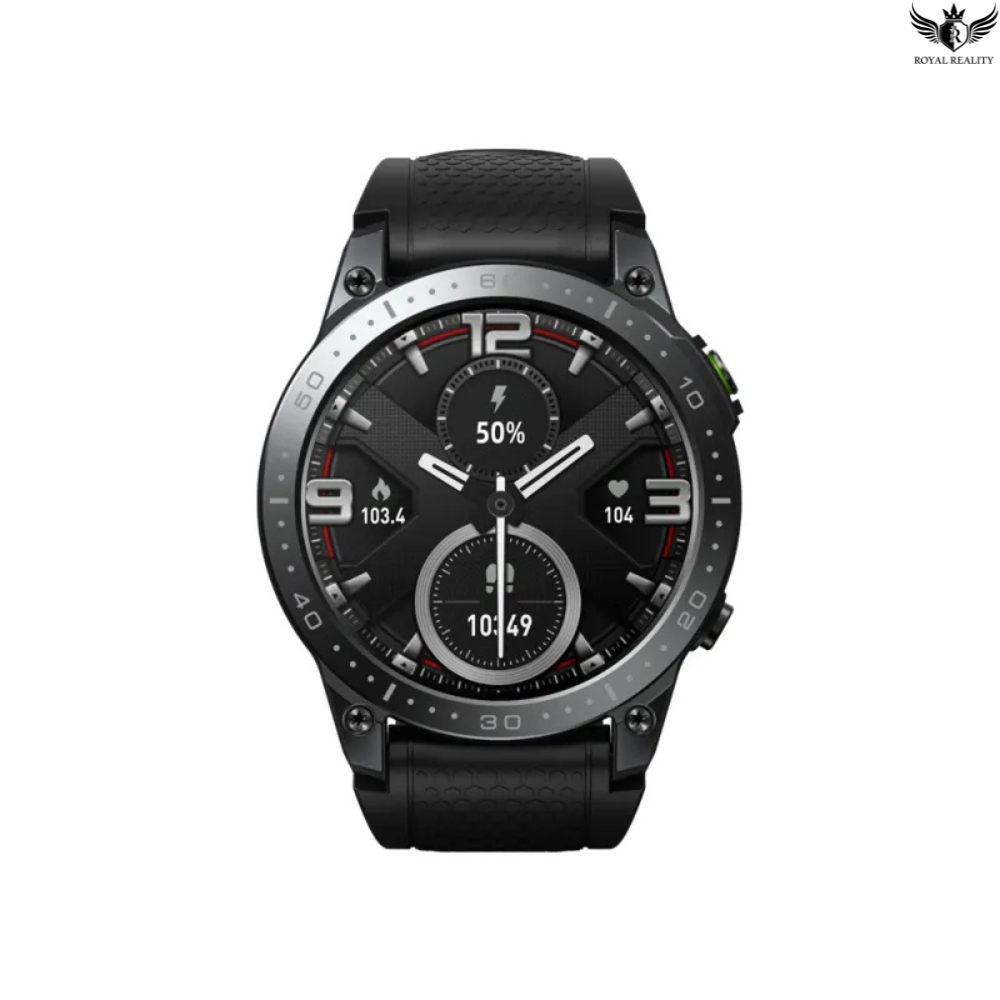 Black smartwatch with a detailed display on a white background