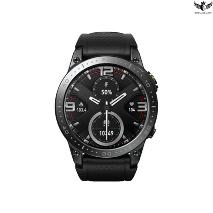 Black smartwatch with a detailed display on a white background