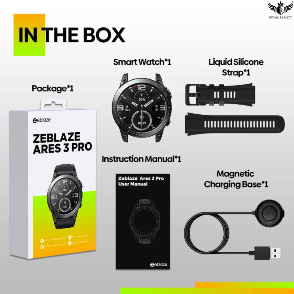 Zeblaze Ares 3 Pro smartwatch package with components listed on a white background