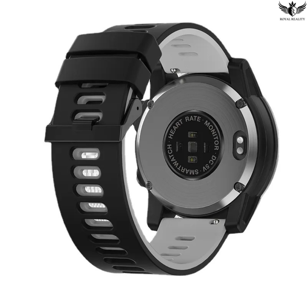Black smartwatch with heart rate monitor on a white background