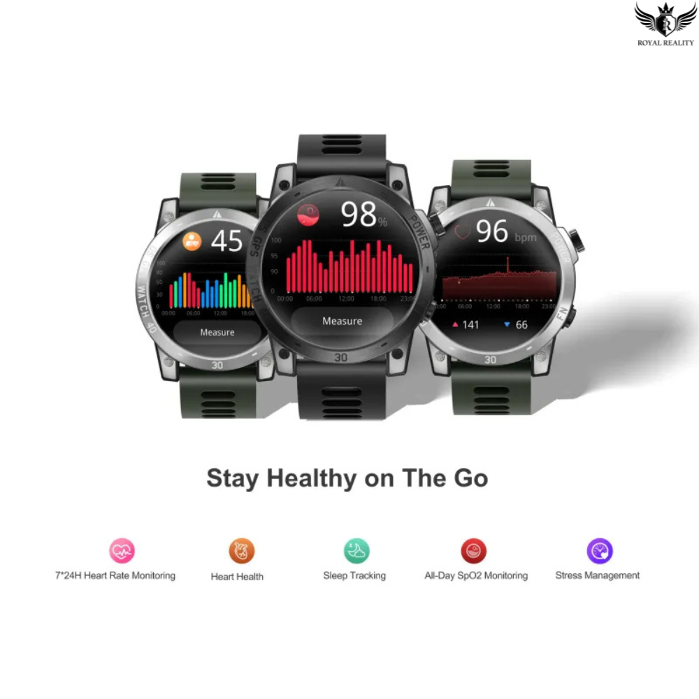 Three smartwatches with health monitoring features on a white background