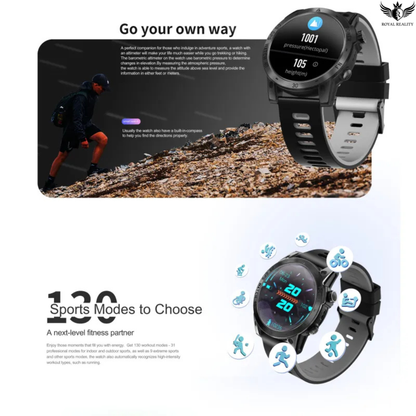 Smartwatch with digital display on a white background, featuring text about sports modes and fitness tracking.