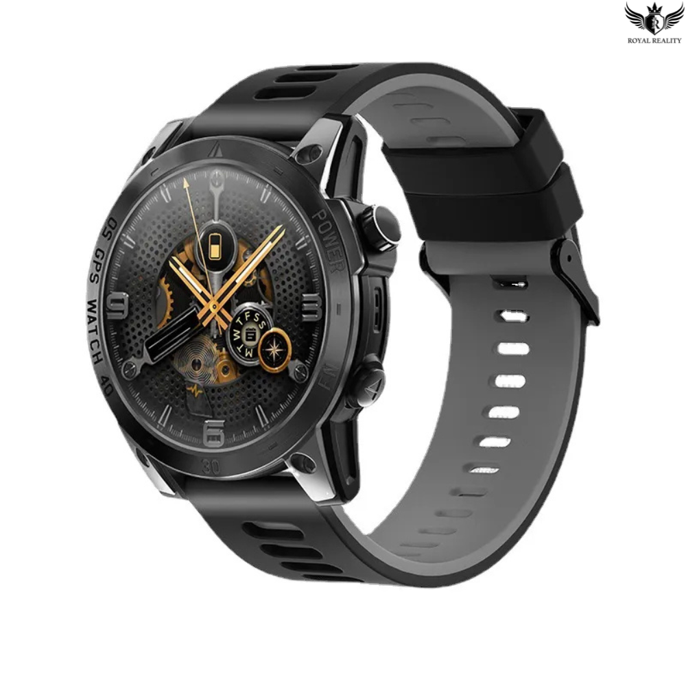 Black smartwatch with detailed face on a white background