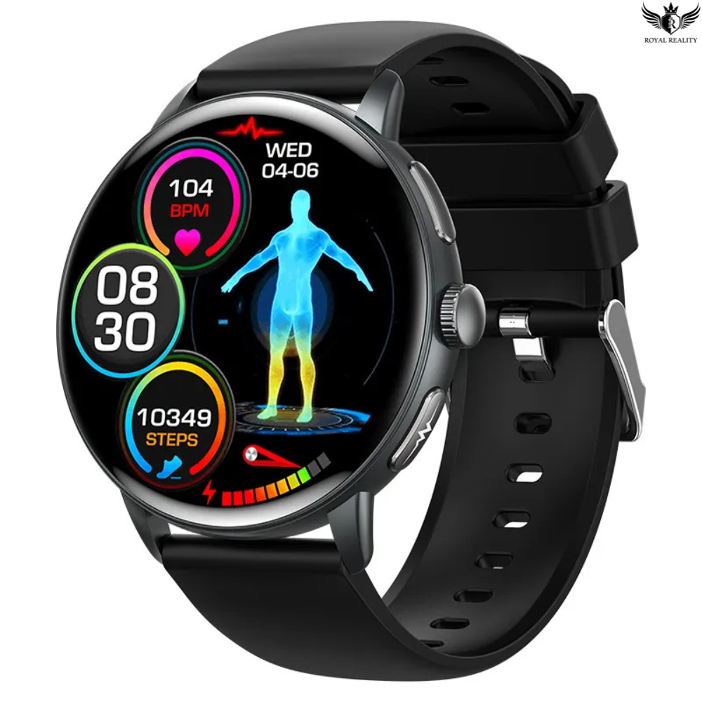 Smartwatch with a black strap displaying health and fitness metrics on a white background.