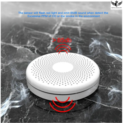 White sensor device on a textured gray background with text about CO detection.