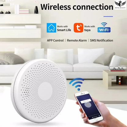 Smart home device with wireless connection features displayed in a living room setting.