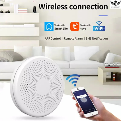 Smart home device with wireless connection features displayed in a living room setting.