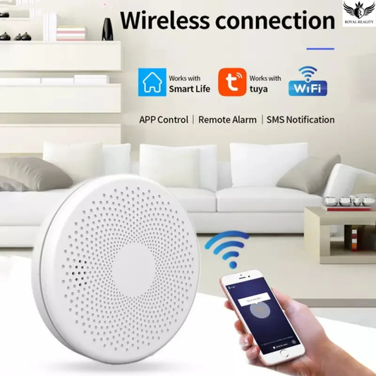 Smart home device with wireless connection features displayed in a living room setting.