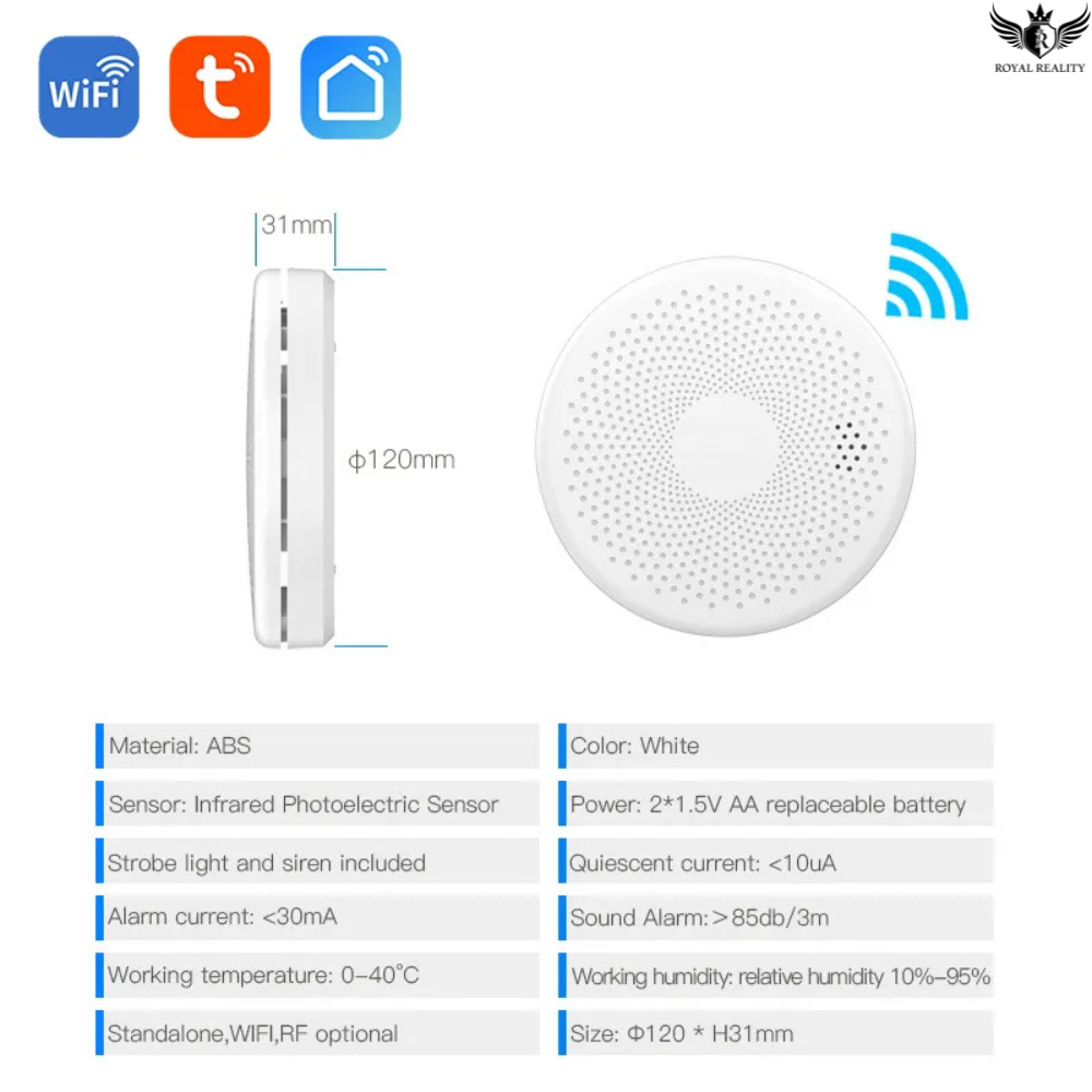 White electronic device with dimensions and features listed on a white background