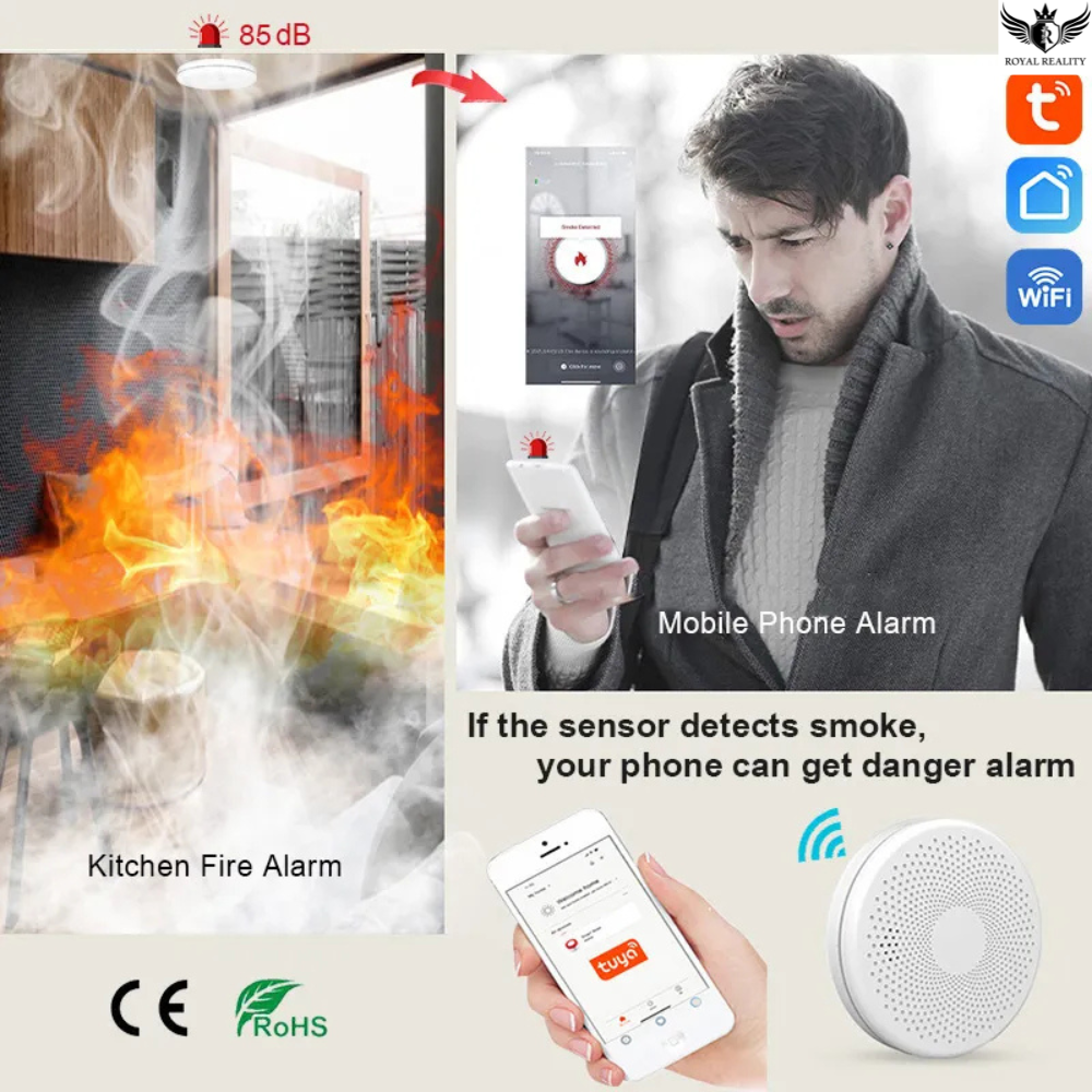 Advertisement for a kitchen fire alarm system with smoke detection and smartphone app interface.