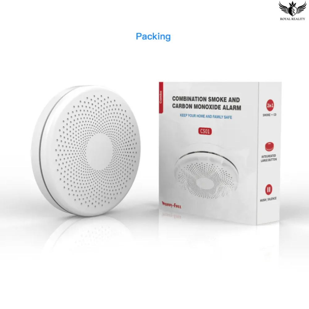 White smoke and carbon monoxide alarm with packaging on a white background