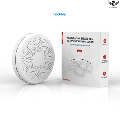White smoke and carbon monoxide alarm with packaging on a white background