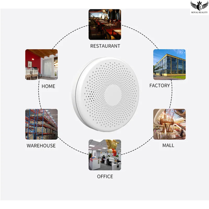 White round device with images of various settings around it on a white background