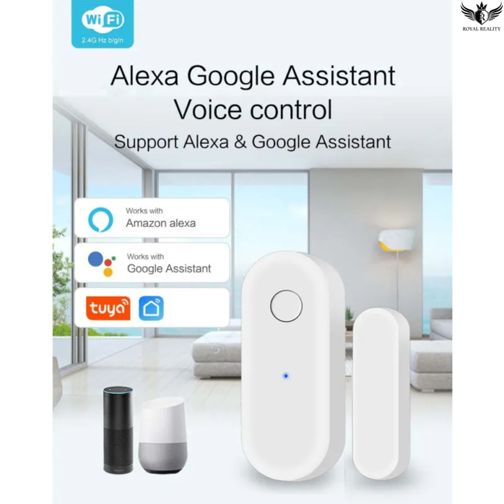 Smart home device with Alexa and Google Assistant support in a modern living room setting.
