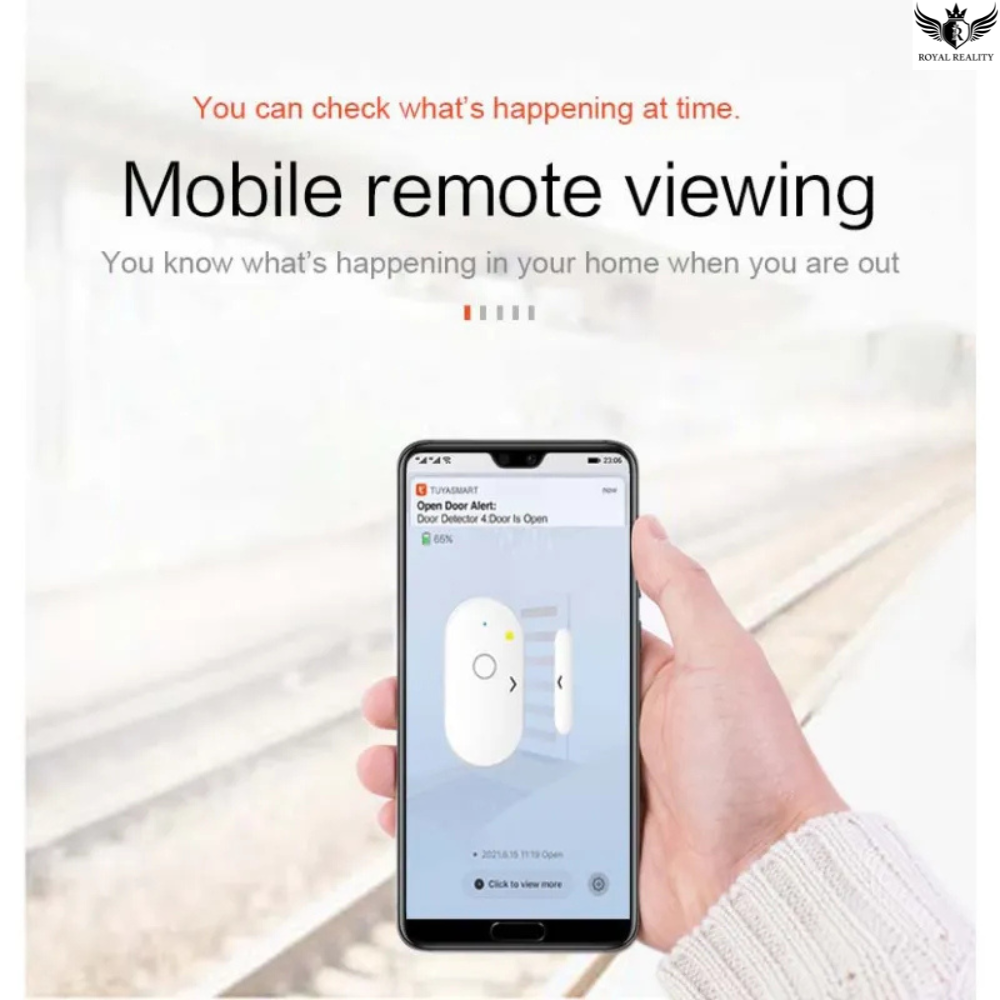 Hand holding a smartphone with a home security app on a blurred background