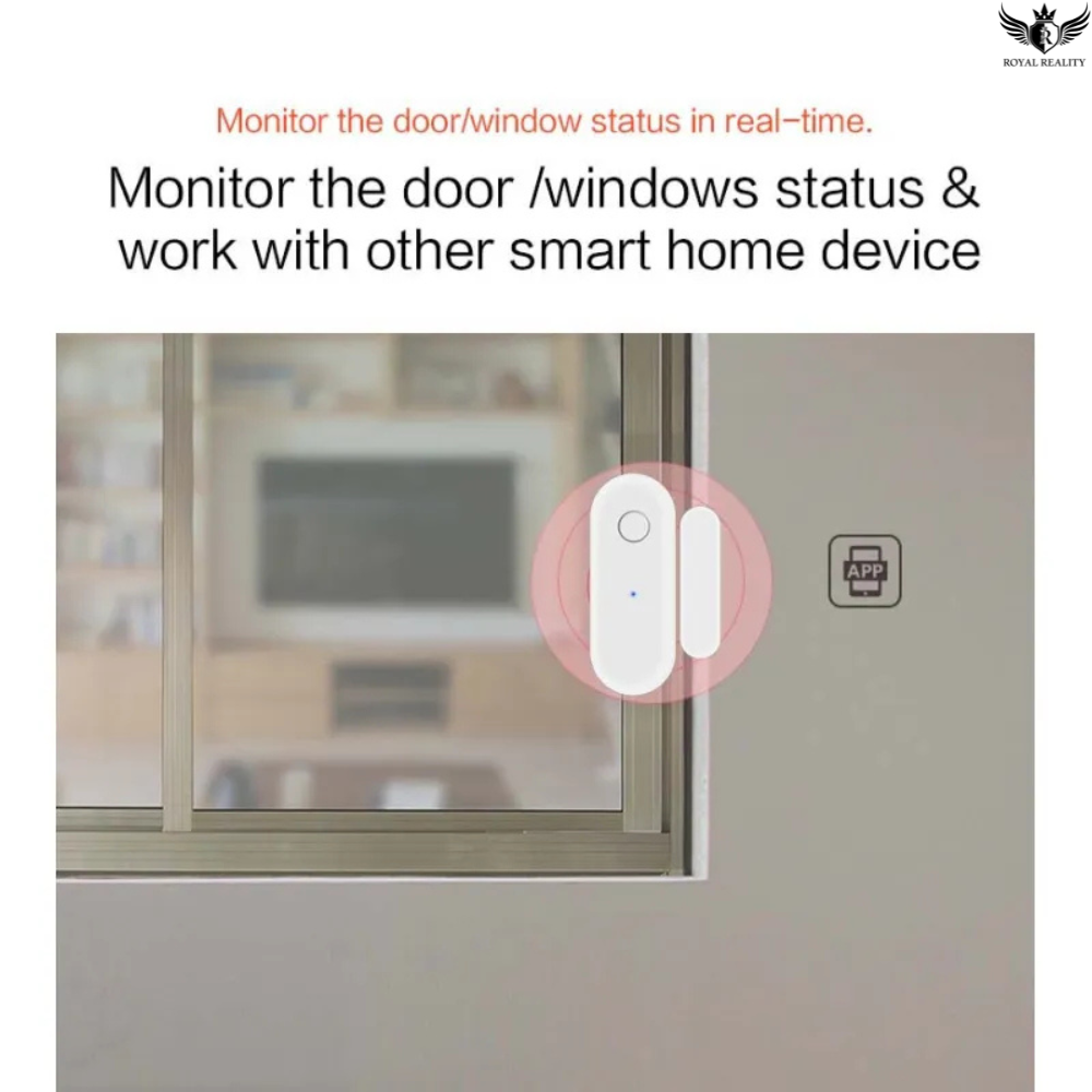 Smart door/window status monitor device on a glass door with text about real-time monitoring and compatibility with smart home devices.