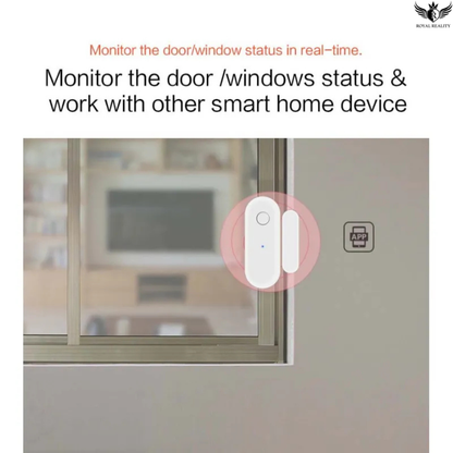 Smart door/window status monitor device on a glass door with text about real-time monitoring and compatibility with smart home devices.