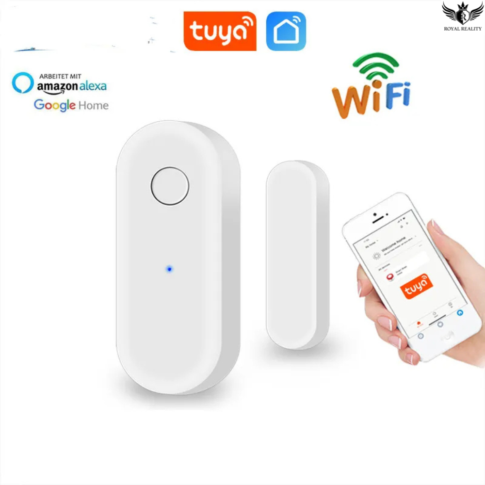 Smart home device with Tuya app on smartphone and compatibility logos on a white background