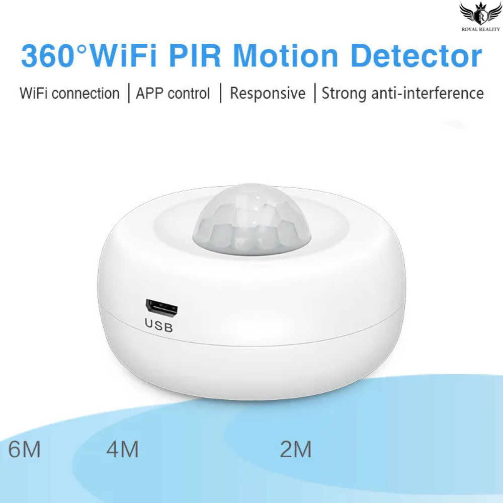 360° WiFi PIR Motion Detector with USB connection on a white background