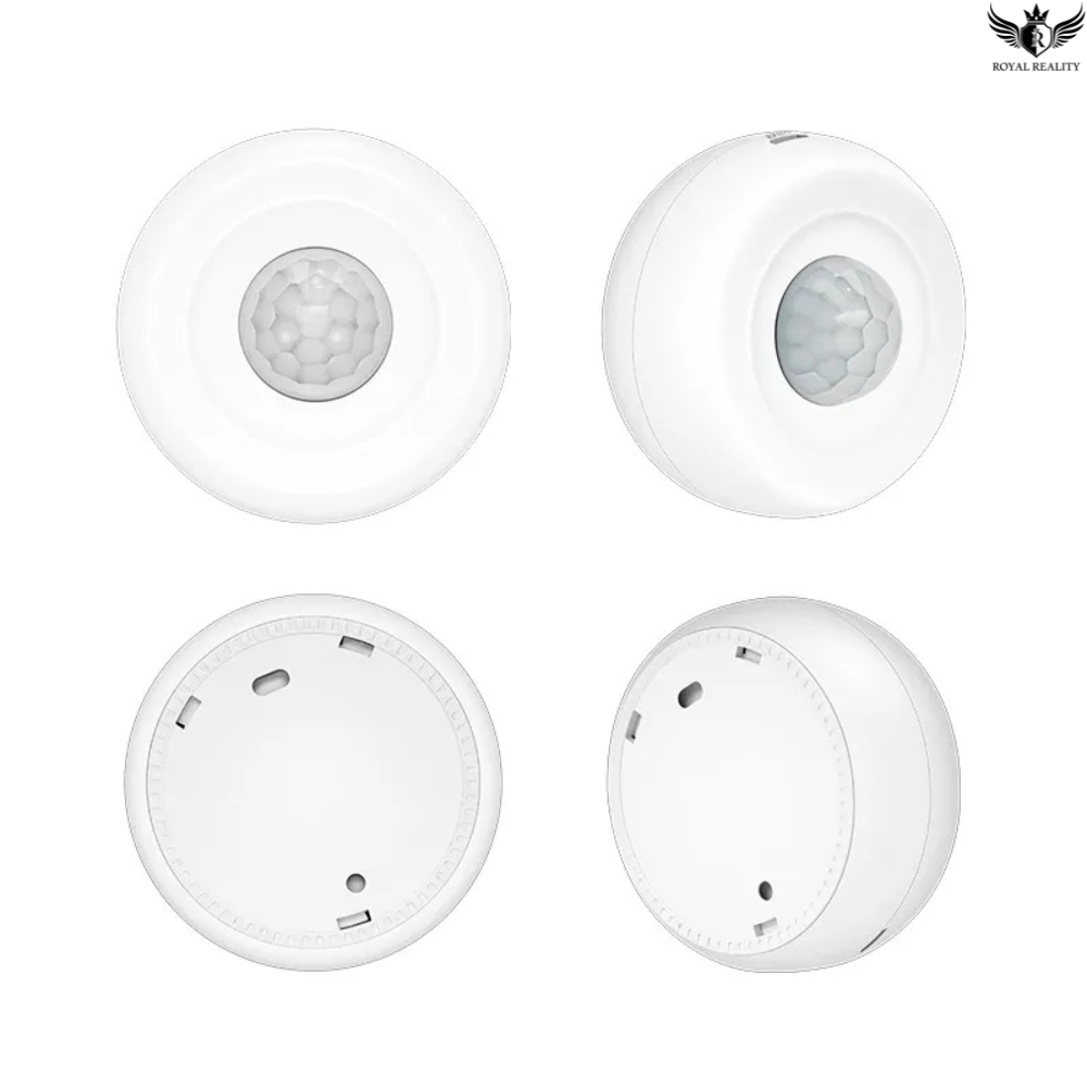 Four white motion sensors on a white background with 'Royal Reality' logo.
