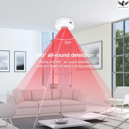 Ceiling-mounted security camera with 360-degree detection in a living room.