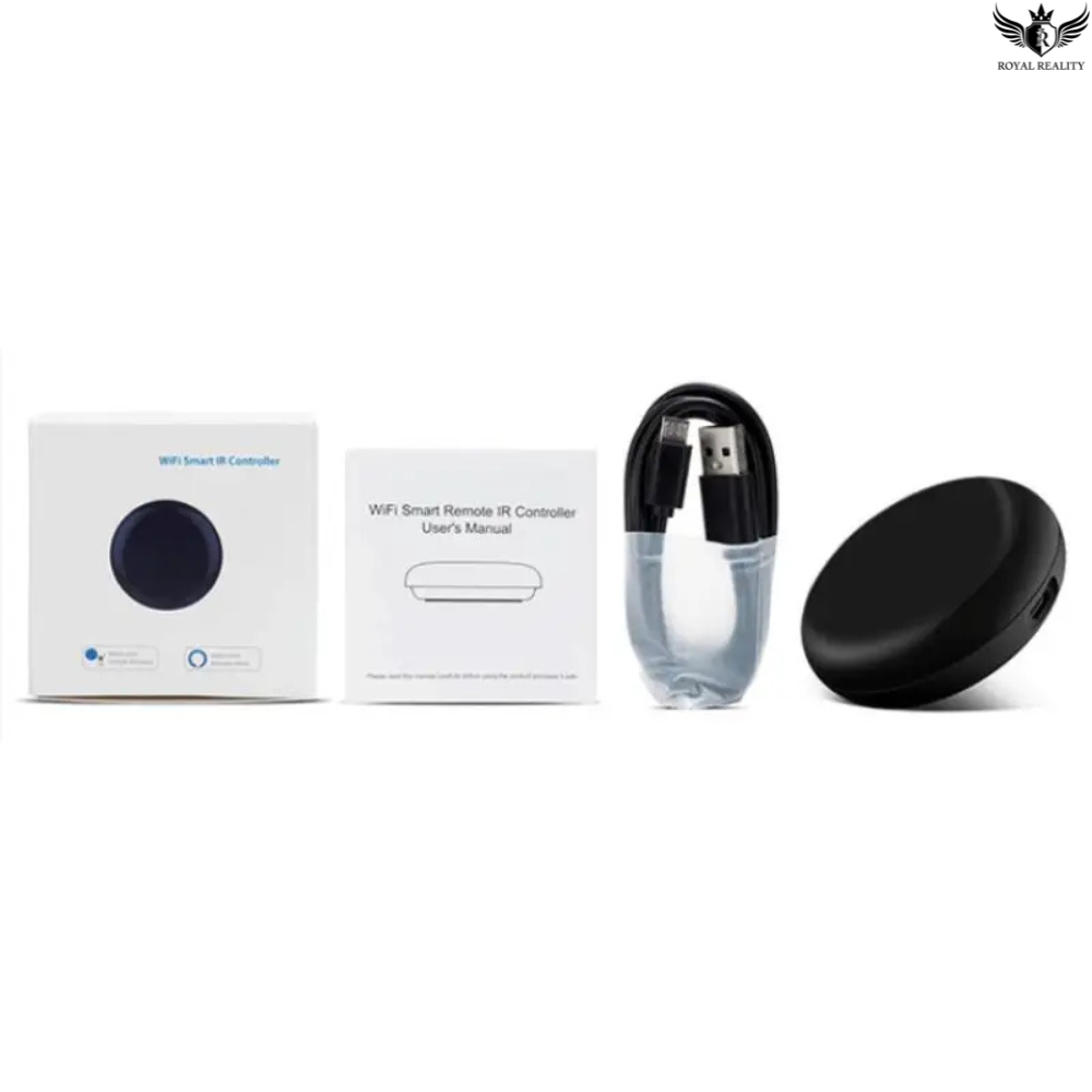 WiFi Smart Remote IR Controller with packaging, user manual, and accessories on a white background.