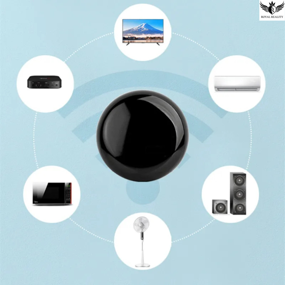 Black round device with icons of electronic devices around it on a light blue background.