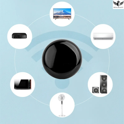 Black round device with icons of electronic devices around it on a light blue background.