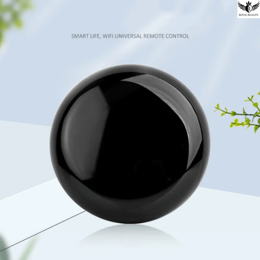 Black spherical object on a light blue background with text 'SMART LIFE, WIFI UNIVERSAL REMOTE CONTROL'.