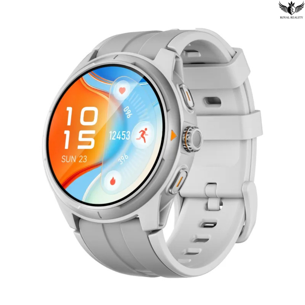 White smartwatch with a colorful display on a white background