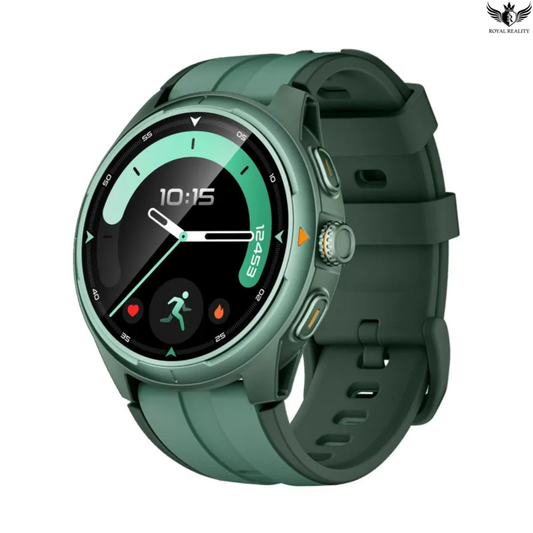 Green smartwatch with a digital display on a white background